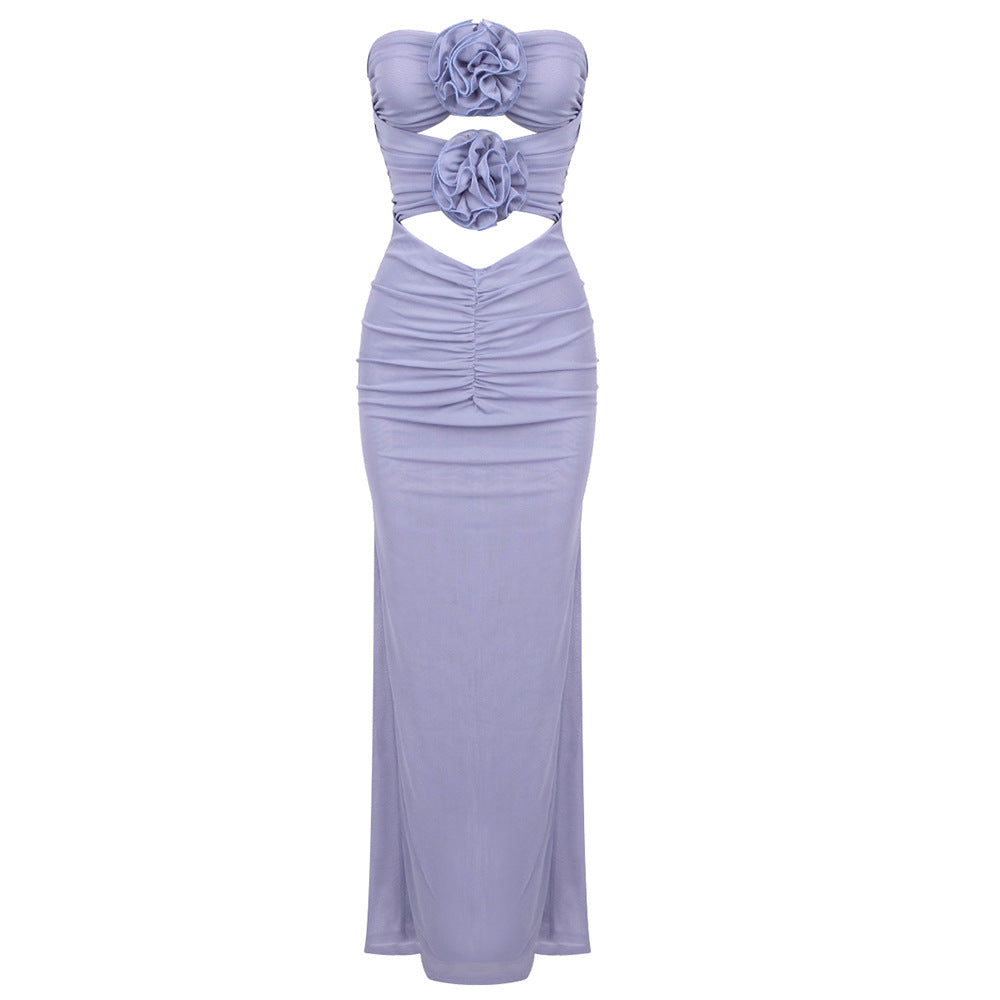 Bleu violet maille élégante robe florale tridimensionnelle femmes robe de soirée robe sans bretelles