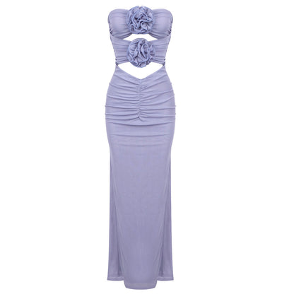 Blue Purple Mesh Elegant Three Dimensional Floral Dress Women Evening Dress Strapless Dress