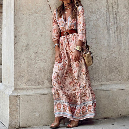 Autumn Women Casual Bohemian Midi Printed Dress