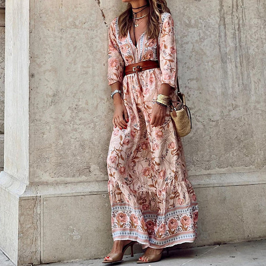 Autumn Women Casual Bohemian Midi Printed Dress