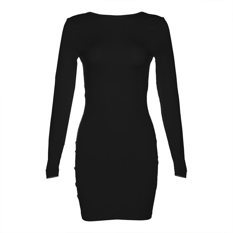 Otoño Invierno Mujer Ropa Manga Larga Sexy Sin Espalda Slim Fit Vestido Tubo Color Sólido