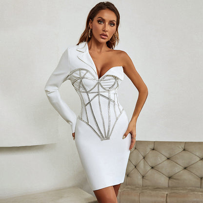 Spring Women Dress High Sense Manufacturer Bandage Dress Rhinestone One Shoulder Long Sleeve Hip Dress