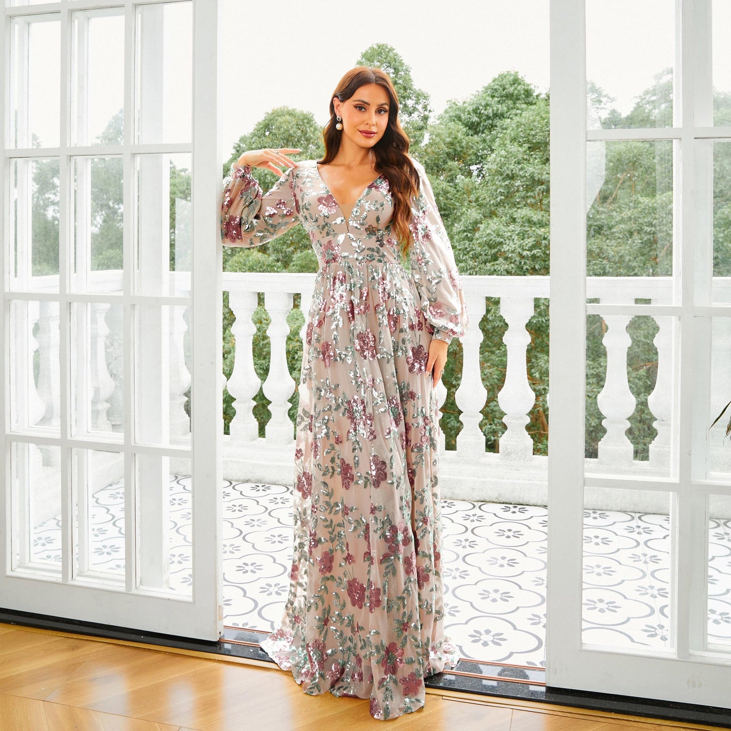 Vestido de noche de cóctel con lentejuelas largas y escote en V de manga larga, vestido de dama de honor para mujer