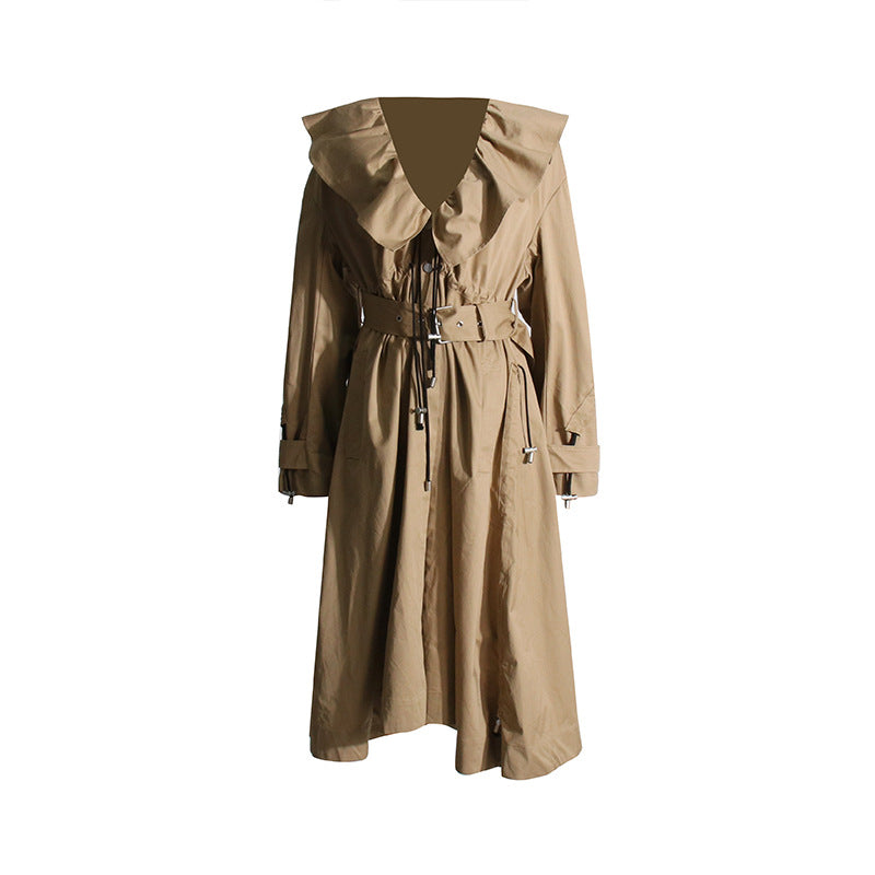 Spring Korean Casual Drawstring V neck Flounce Waist Slimming Long Trench Coat Women Coat