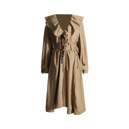 Trench-coat long décontracté à cordon de serrage pour femme, col en V, taille à volants, amincissant, coréen, printemps