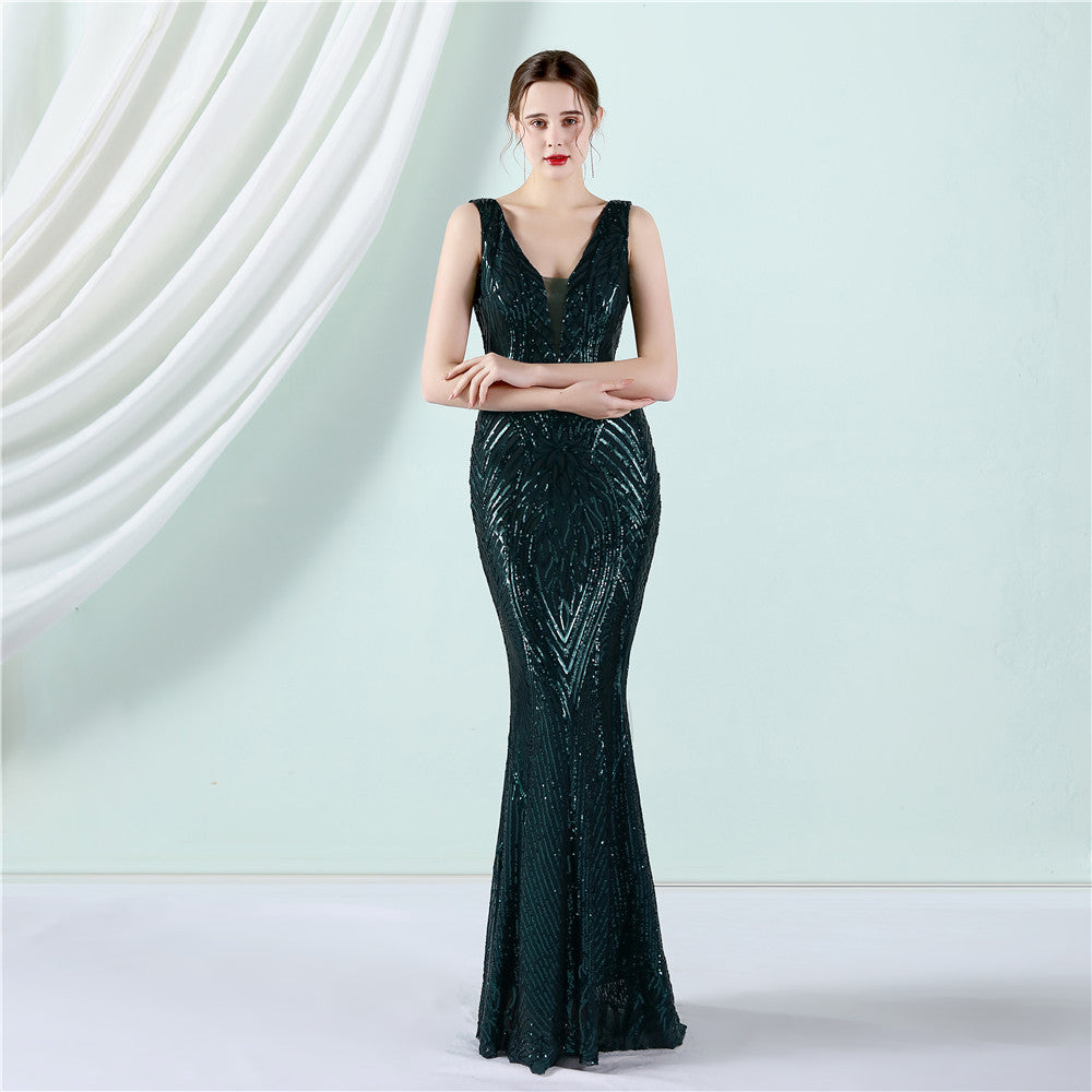 Robe de cocktail élégante à paillettes florales et à manches longues en queue de poisson Aura Queen