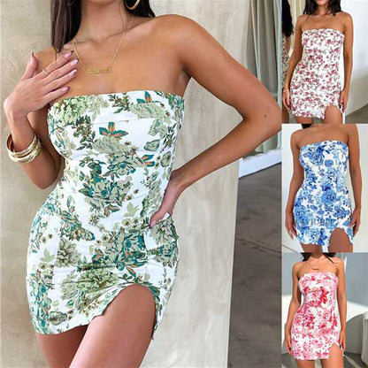 Vestido con top de tubo con estampado floral Vestido corto sexy con abertura lateral y bolso de cadera sexy