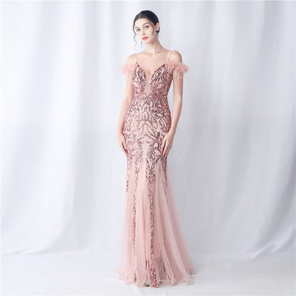 Ostrich Feather Craft Mesh Positioning Floral Sequin Annual Meeting Wedding Evening Dress