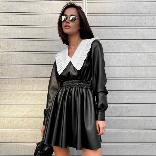 Robe en Faux cuir pour femmes, automne et hiver, col de poupée, taille ajustée, taille haute, manches longues, noir, Punk Street