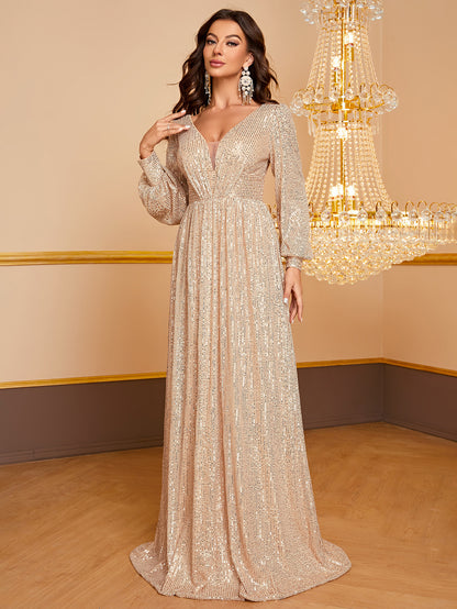 Robe à paillettes à manches longues et col en V, élégante et simple, robe de soirée cocktail