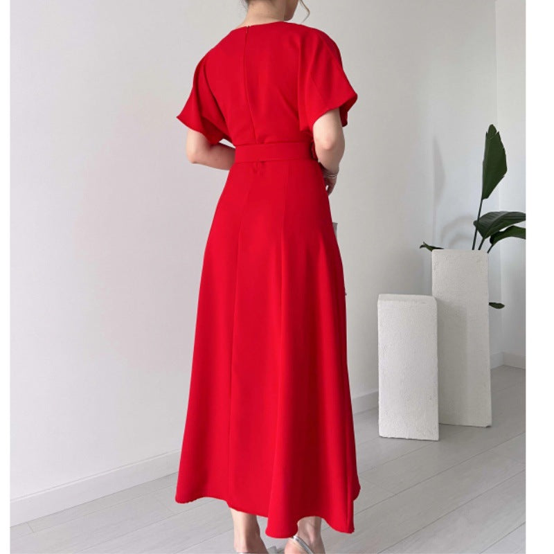 Women Spring Summer Solid Color Chest Pleated Drawstring Dress Long Dress