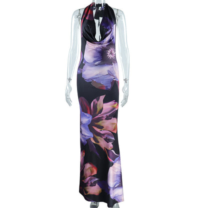 Women Clothing Digital Printed Sexy Draped Collar Long Midi Dress