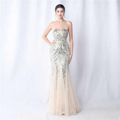 Floral Cutting Mesh Sequin Wedding Dinner Toast Annual Party Evening Dress