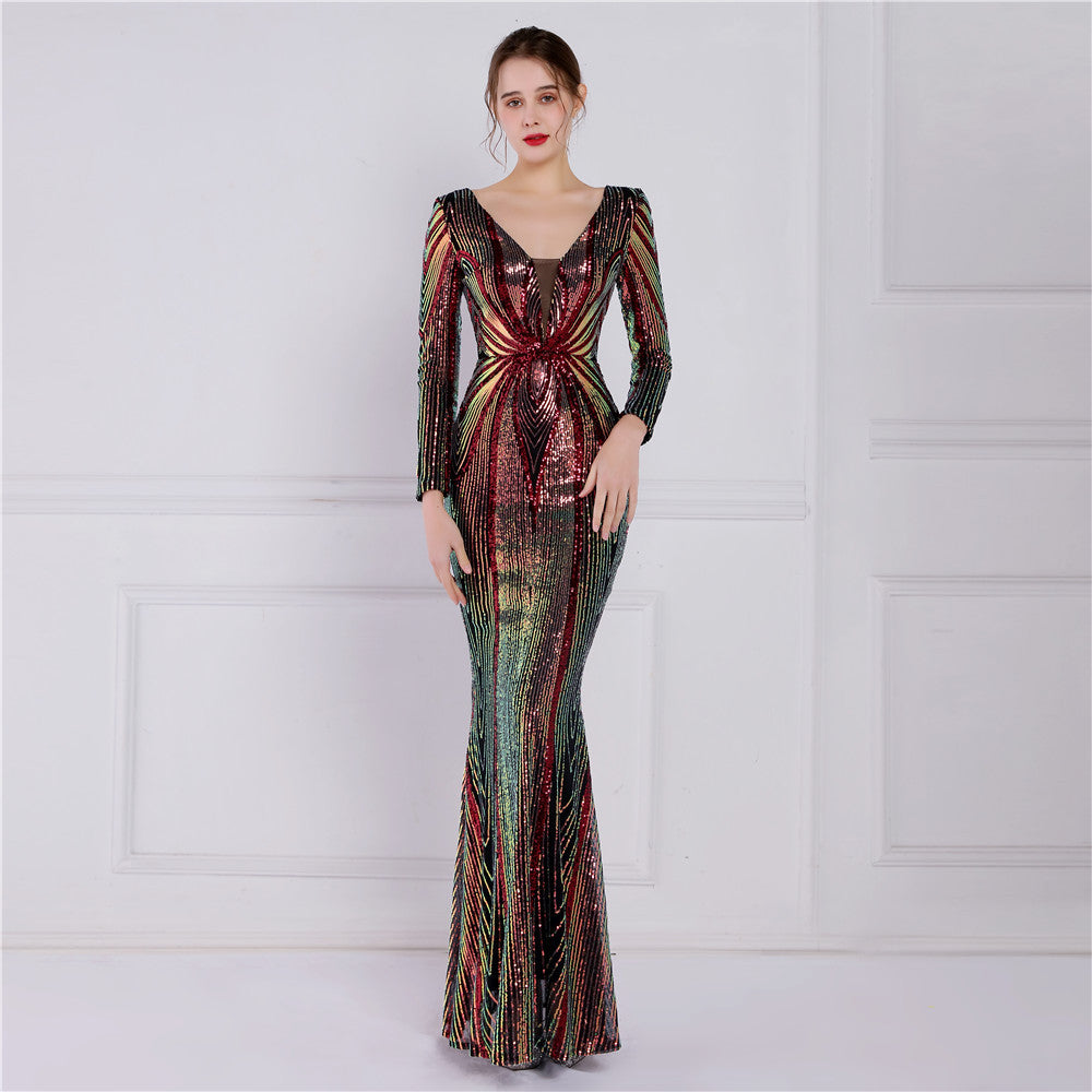 Positioning Floral Sequin Evening Dress Women Banquet Elegant Long Sleeve Sequined Queen Fishtail Dress