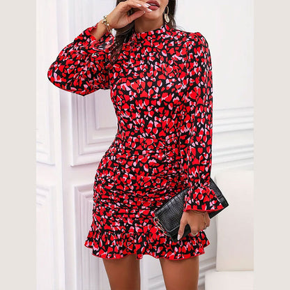 Summer Elegant Printed Ruffle Design Long Sleeve Dress Stand Collar Ruffle Hip Dress