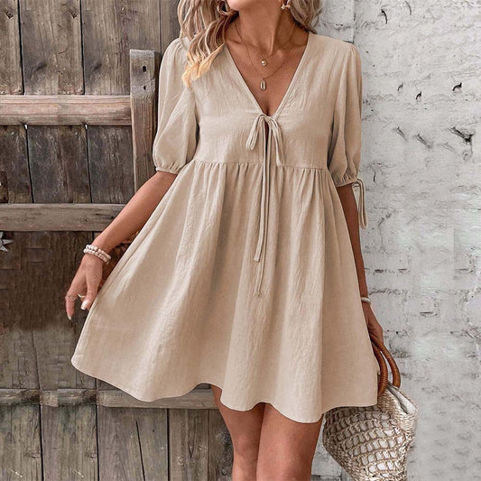 Elegant Loose Woven Deep V Plunge neck Design Chest Lace up A line Dress