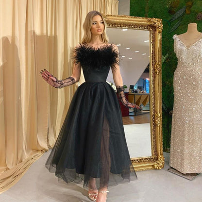 Spring Summer Women Clothing Feather Straps Tulle Elegant Evening Dress