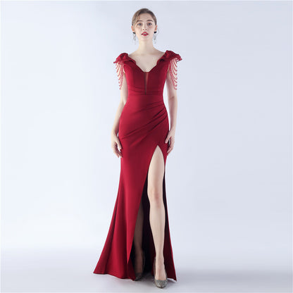 Robe de soirée haut de gamme en satin organza perlé pour cérémonie annuelle de réunion