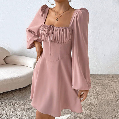 Autumn Winter Women Clothing Waist Controlled Large Hem A line Dress Puff Sleeve Square Collar Sweet Dress