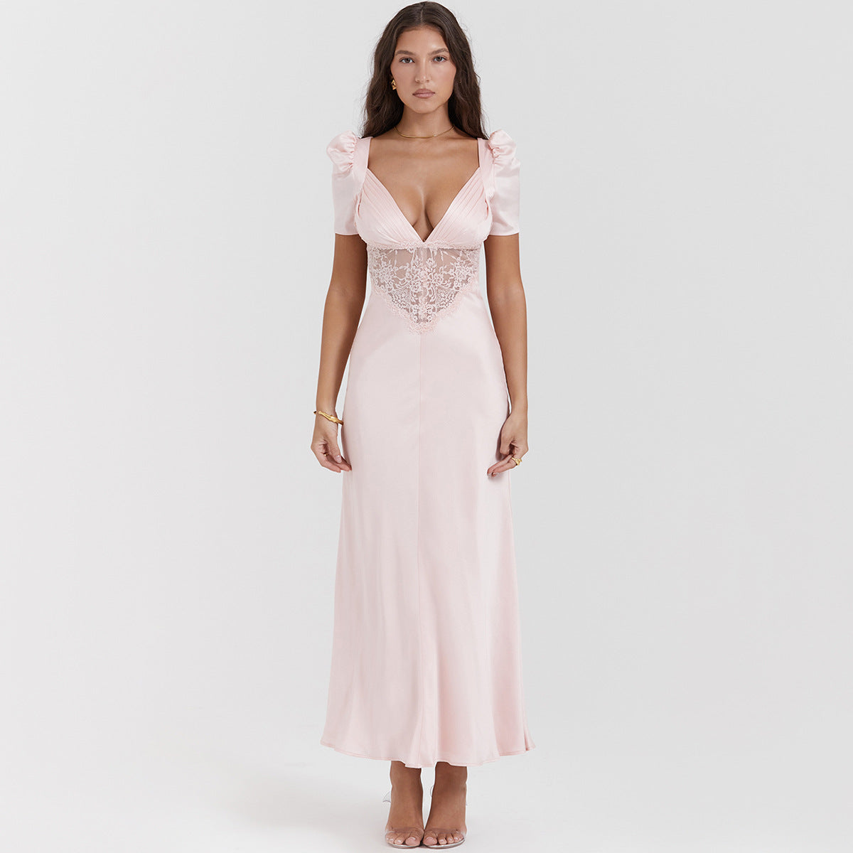 Elegant Women Clothing Supply Deep V Plunge Lace Stitching Cropped Outfit Maxi Dress Dopamine Wear Pink Dress