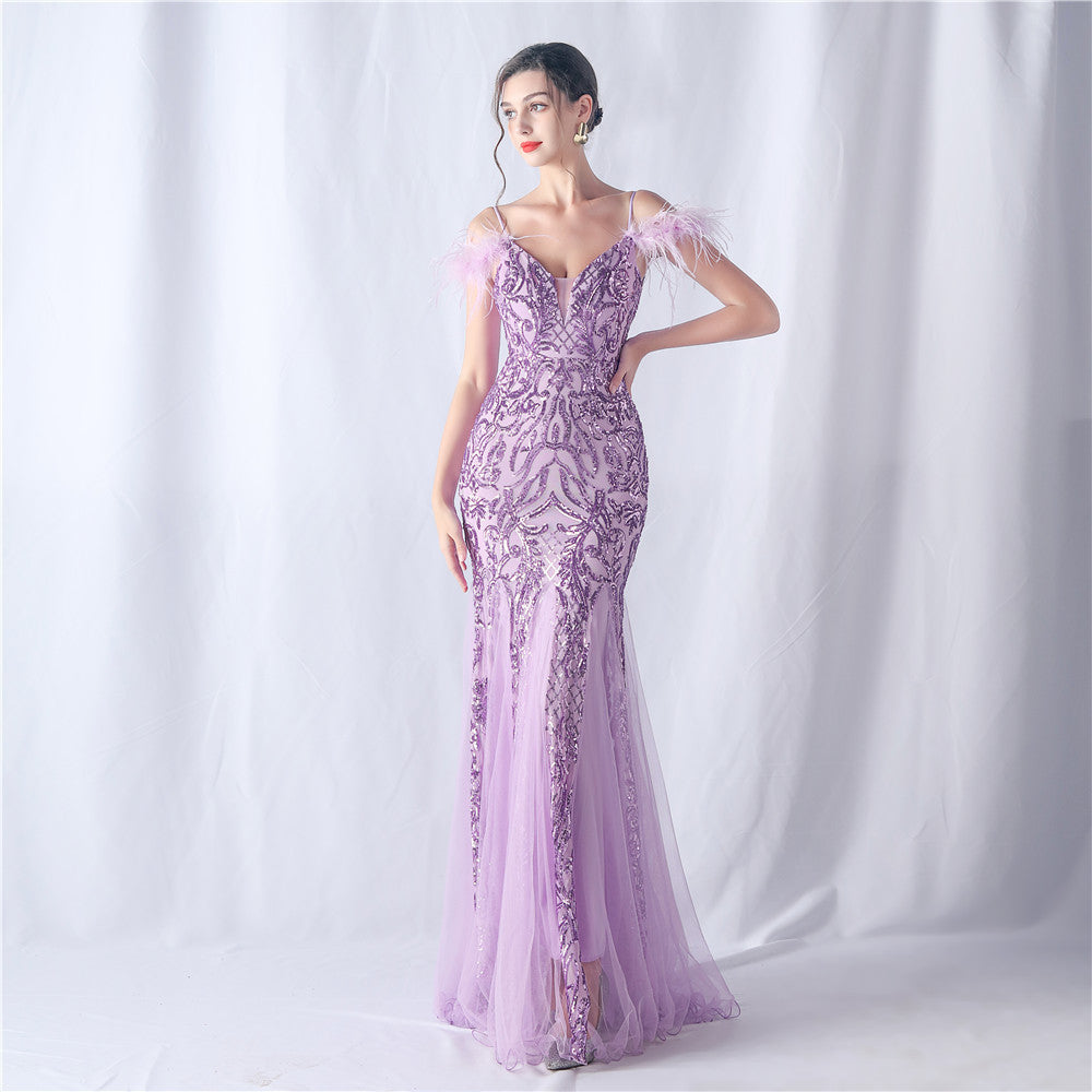 Ostrich Feather Craft Mesh Positioning Floral Sequin Annual Meeting Wedding Evening Dress