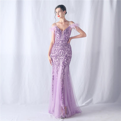 Ostrich Feather Craft Mesh Positioning Floral Sequin Annual Meeting Wedding Evening Dress