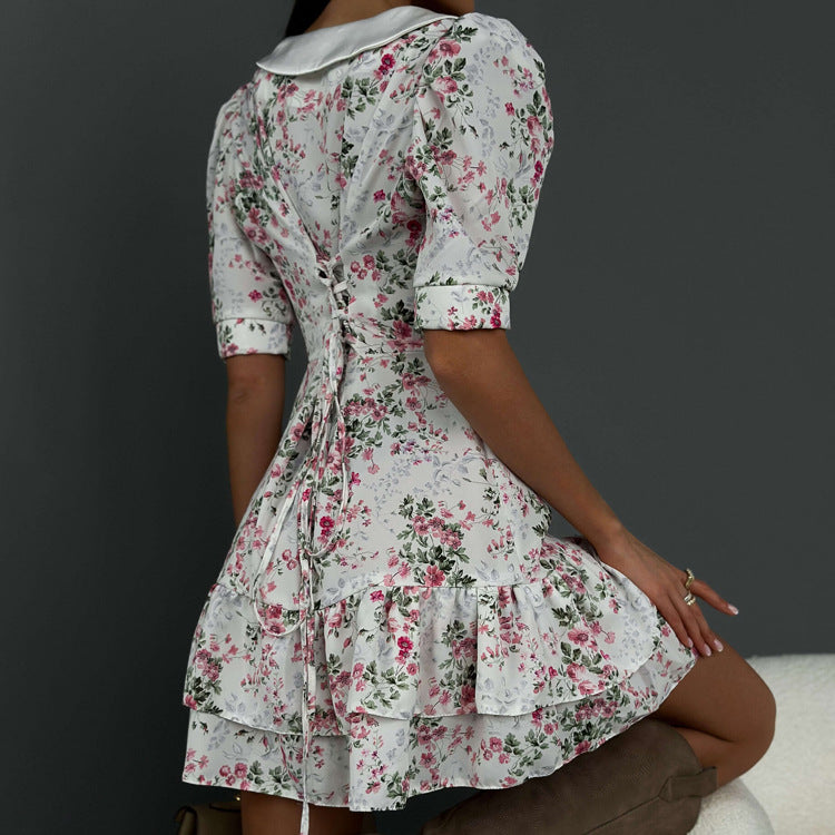 Robe à fleurs pour femmes, tenue française d'été de haute qualité, manches courtes, col, taille serrée, amincissante, pause thé, robe trapèze