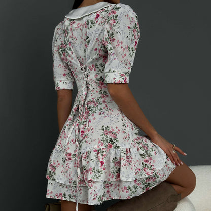 Robe à fleurs pour femmes, tenue française d'été de haute qualité, manches courtes, col, taille serrée, amincissante, pause thé, robe trapèze