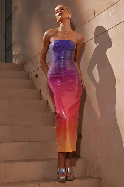 Vestido de verano para mujer, sexy, con figura de tubo y cintura alta, color degradado