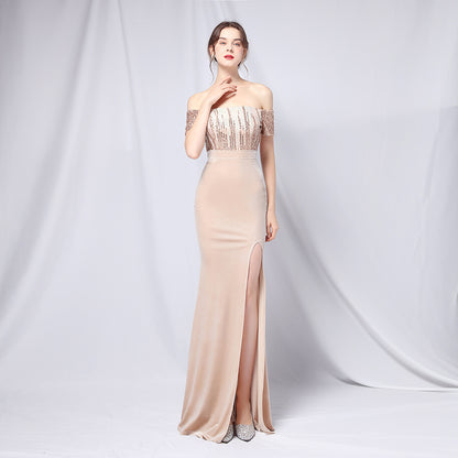 Robe de soirée de banquet à paillettes dégradées en velours à épaules dénudées Robe de réunion annuelle d'entreprise Robe de soirée longue fendue sexy pour femme