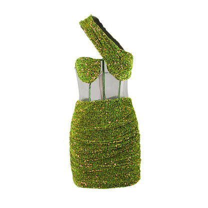 Green See-through Sequin Gauze Wrapped Chest Sloping Shoulder Backless Short Dress for Women