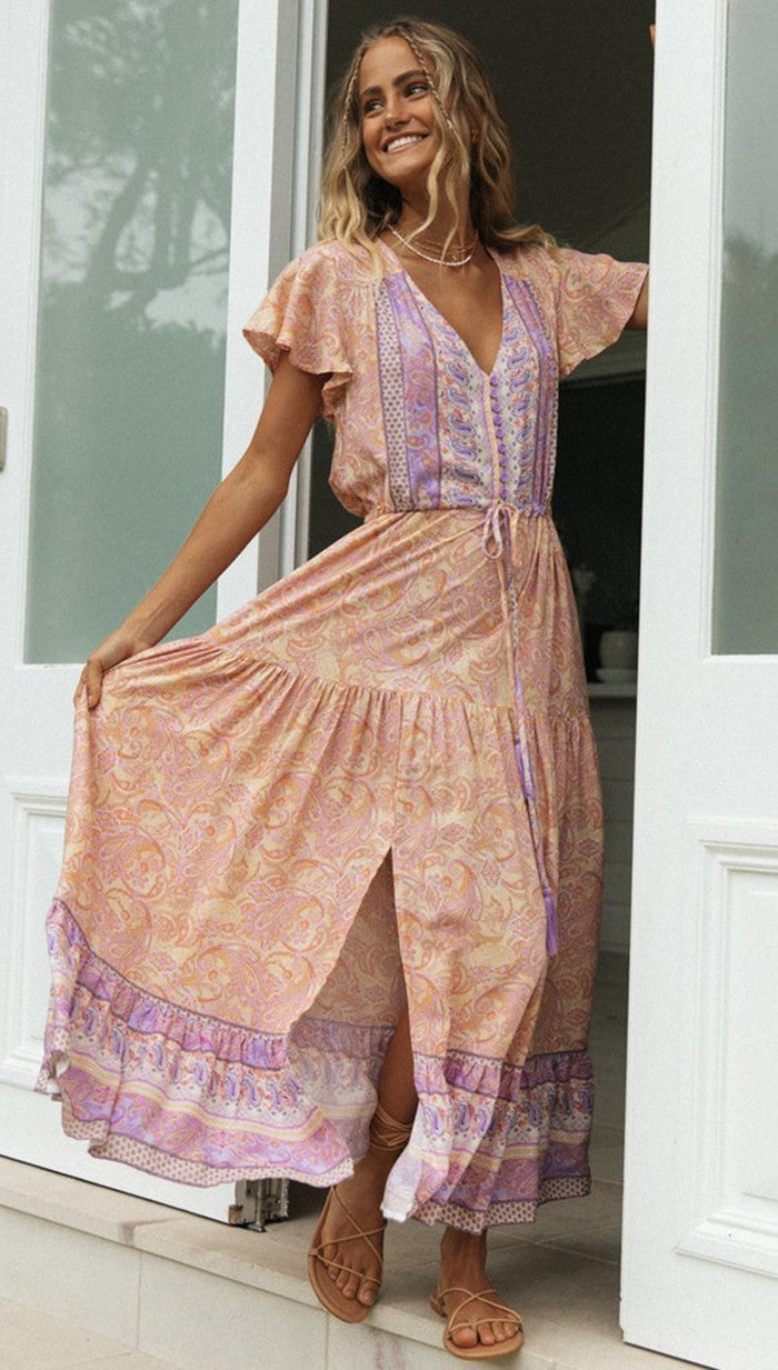 Robe de vacances bohème pour femmes Speed ​​​​Vêtements Positionnement Robe florale à boutonnage simple