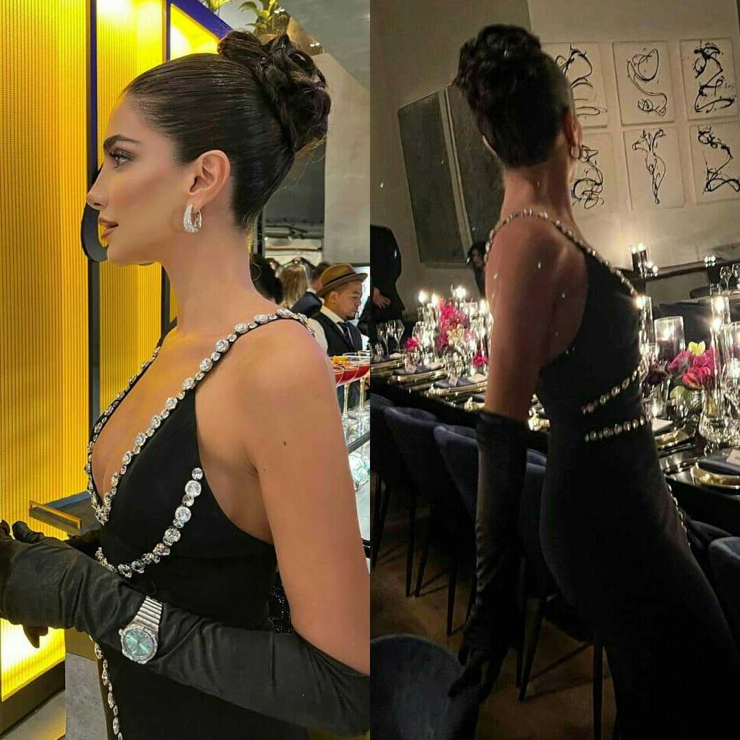 Vestido de noche de una pieza ajustado de punto elástico con escote en V profundo y cadena de uñas incrustada con diamantes en color negro