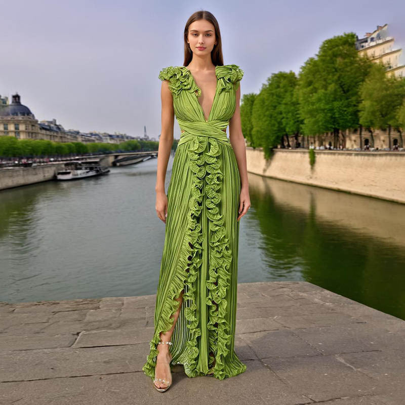 Vestido largo de cóctel francés de verano con cuello en V plisado y cintura con volantes que adelgaza un vestido de línea para mujer