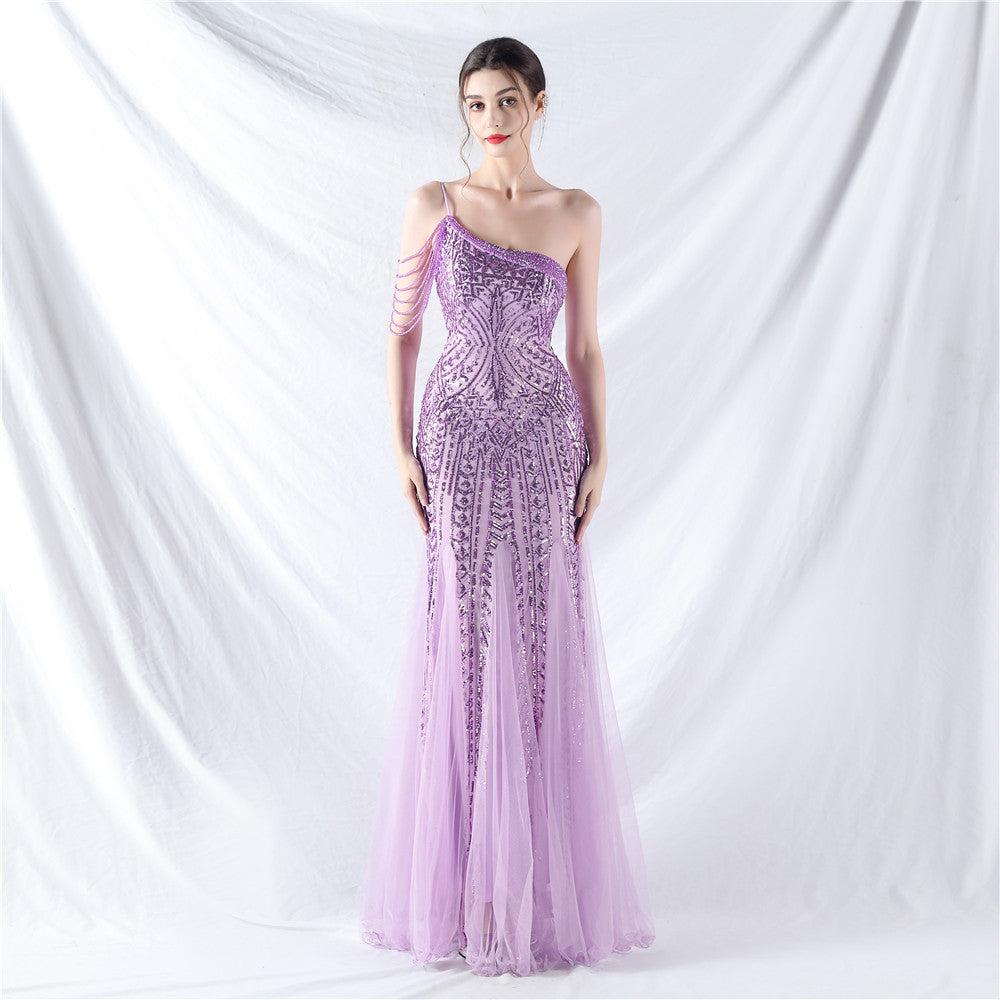 Dress Craft Beading Positioning Floral Sequin Stitching Mesh High-End Evening Dress