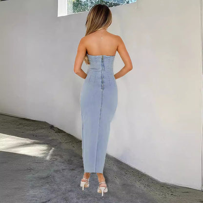 Otoño Denim elástico Sexy Bandeau Slim Fit vestido dividido Mujer