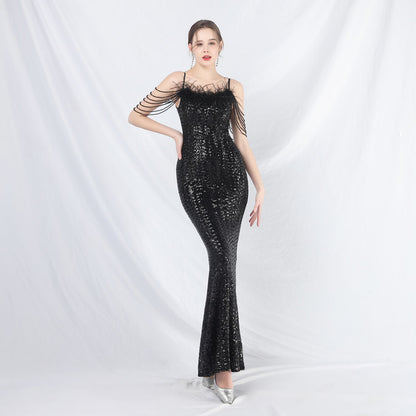 Beaded Ostrich Feather Colorful Sequin Long Evening Dress