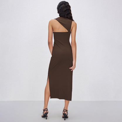 Small Rib Fabric Slim Fit Side Slit Design Back Oblique Backless Sheath Dress