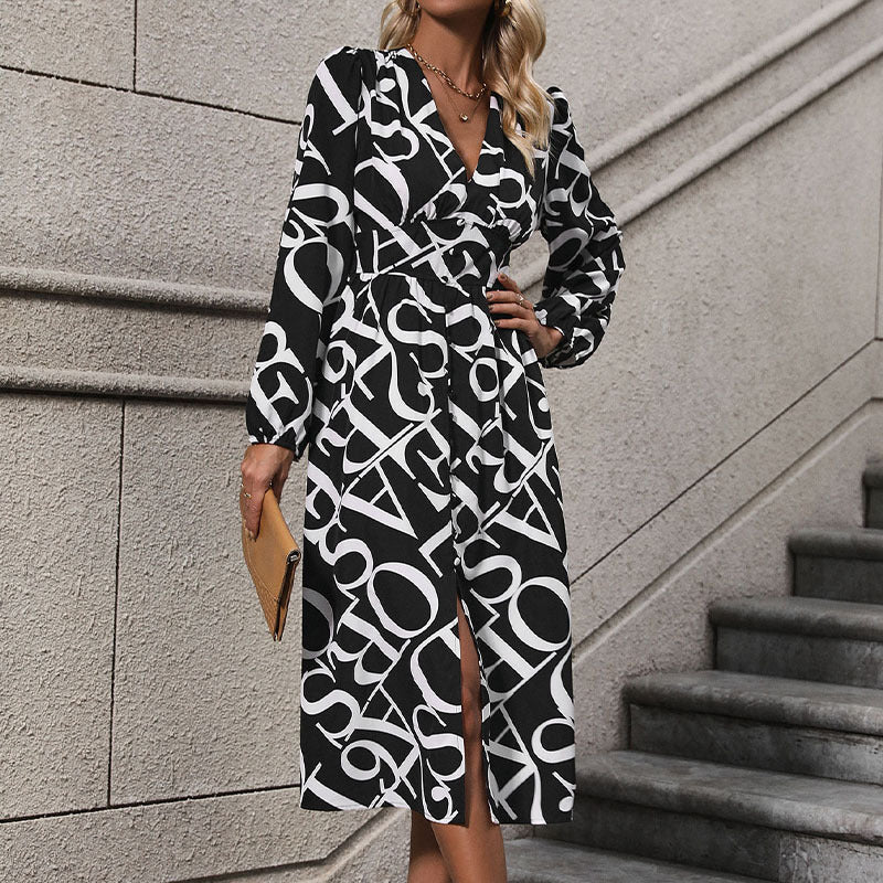 Dress Autumn Winter Women Clothing Long Sleeve Geometric Abstract Printing Dress