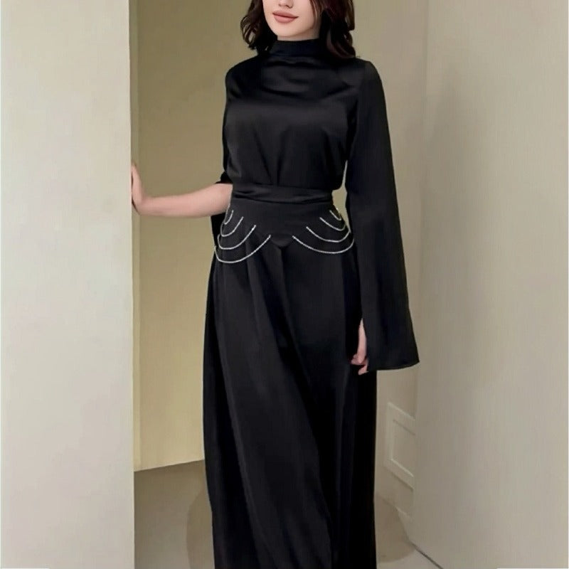 Autumn Solid Color Split Long Sleeve Belt Slim Dress