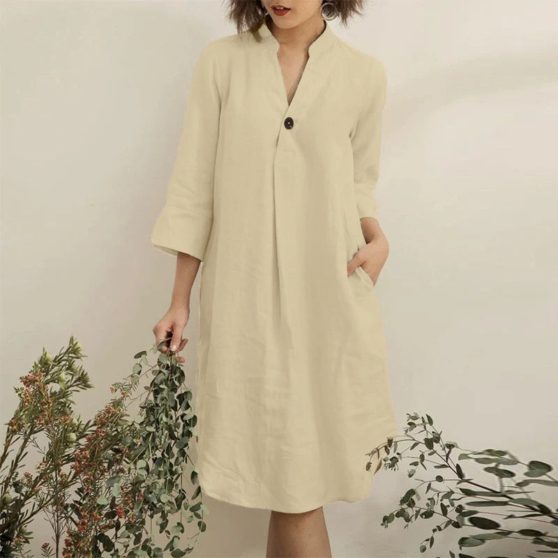 Fall Simple Loose Solid Color Mid Length V Neck Sleeves Casual Dress