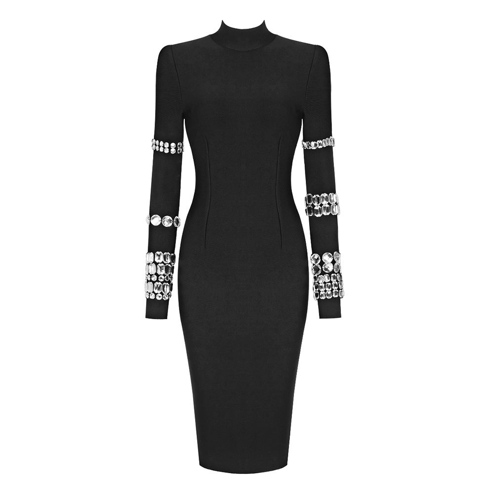 Autumn Winter Heavy Industry Beads Turtleneck Bandage Dress Slim Sheath Long Sleeve Knitted Dress