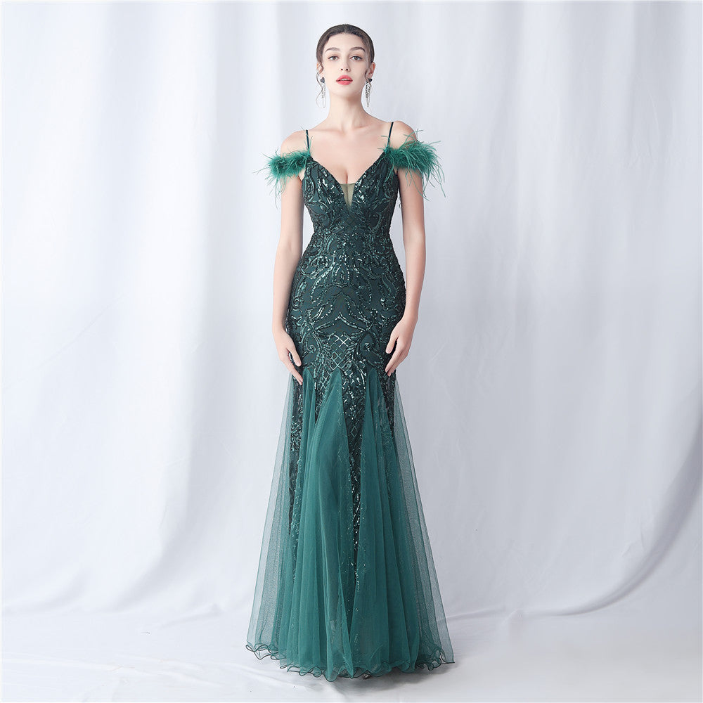 Ostrich Feather Craft Mesh Positioning Floral Sequin Annual Meeting Wedding Evening Dress