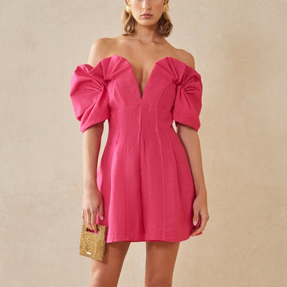 Puff Sleeve off Shoulder Summer Sexy Deep V Plunge Pleated Design Short Dress Women