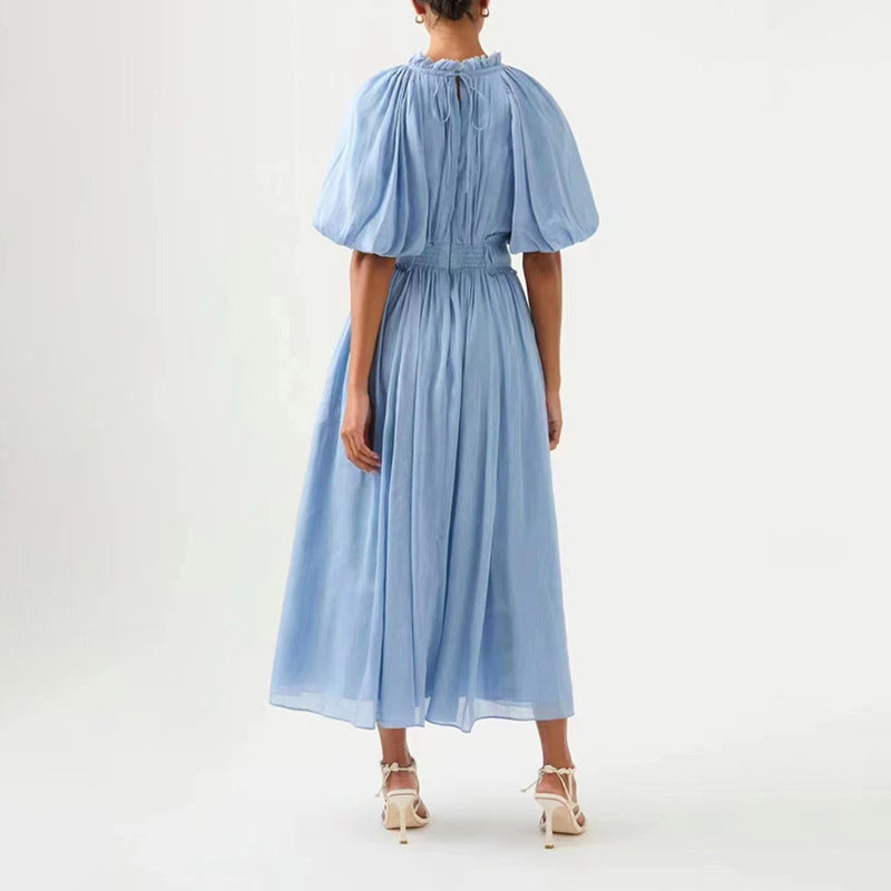 Australian Elegant Solid Color Patchwork Tulle Dress Spring Puff Sleeve Pleated Ruffled Maxi Dress Women