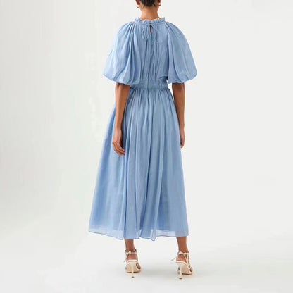 Robe longue plissée à volants et manches bouffantes en tulle de couleur unie pour femme