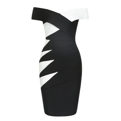 Sexy off Shoulder Bandage Dress Socialite Elegant Black White Contrast Color Dress