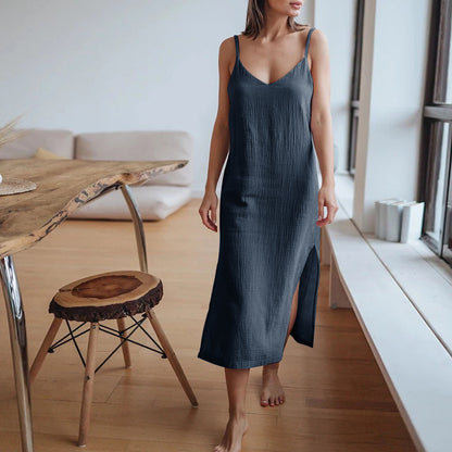 Spring Summer Women V Neck Strap Dress Cotton Double Layer Crepe Slit Hemline At Hem Midi Dress