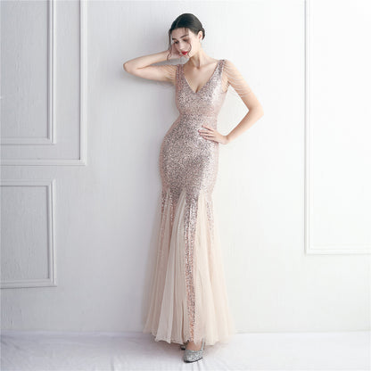 Sequin Mesh Craft Beaded Party Dress Long Cocktail Slim Fit Evening Dress Elegant Long