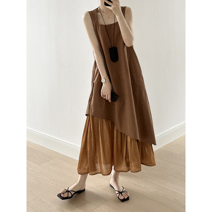 Irregular Asymmetric Hem Stitching Vest Dress Summer Simplicity Casual Long Dress